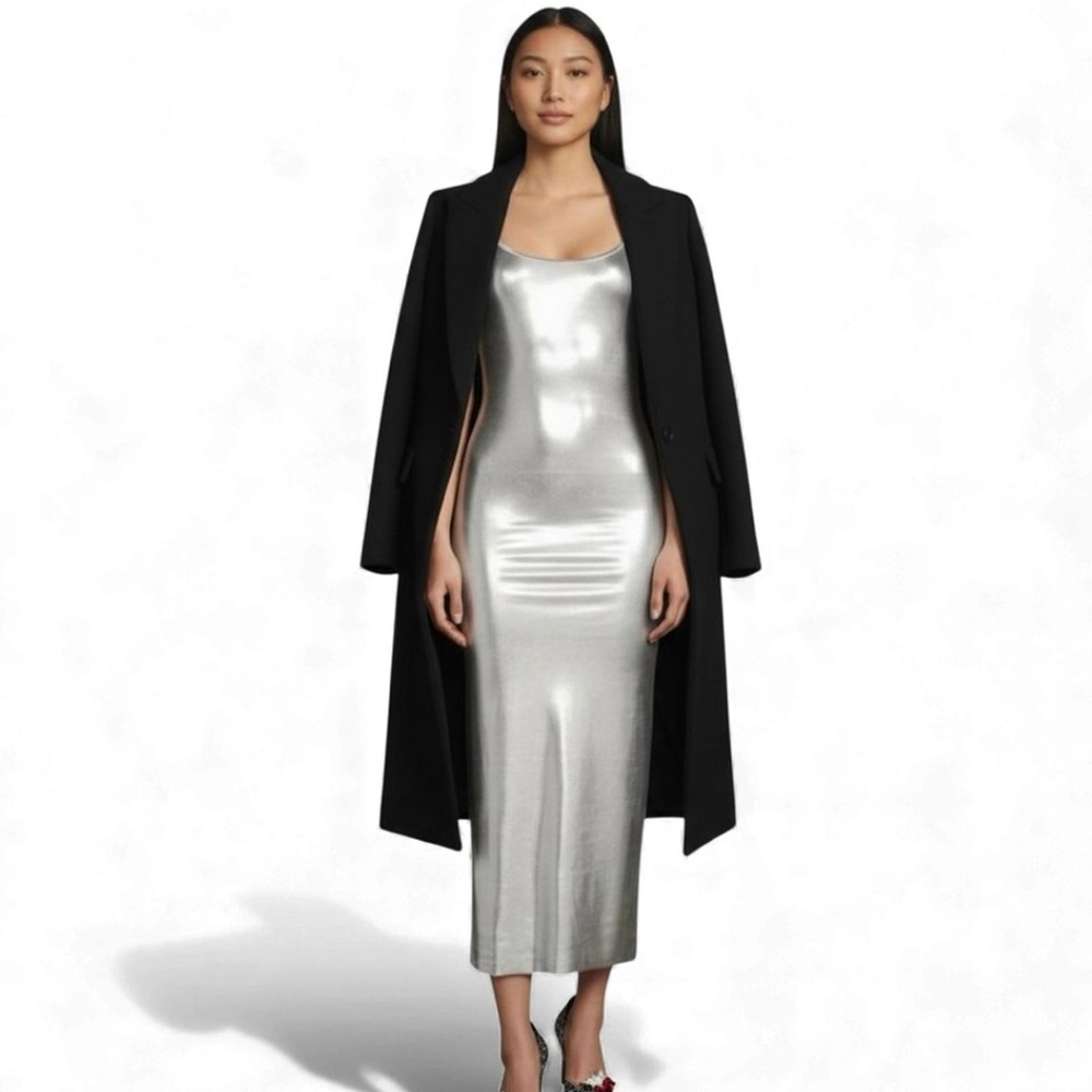 NWT WeWoreWhat Midi Dress Metallic Silver Bodycon Fitted Sculpted Shimmer S - Picture 5 of 9